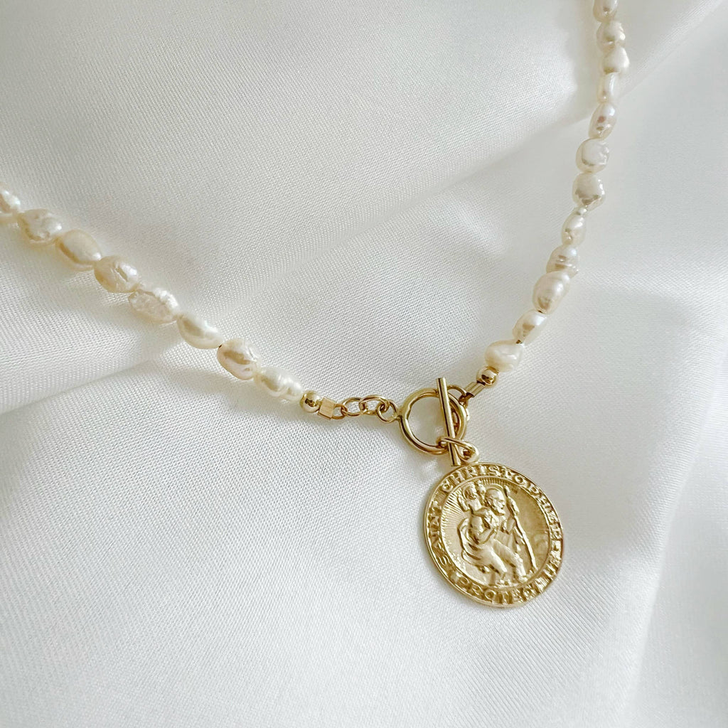 St. Christopher Toggle Pearl Gold Filled Necklace