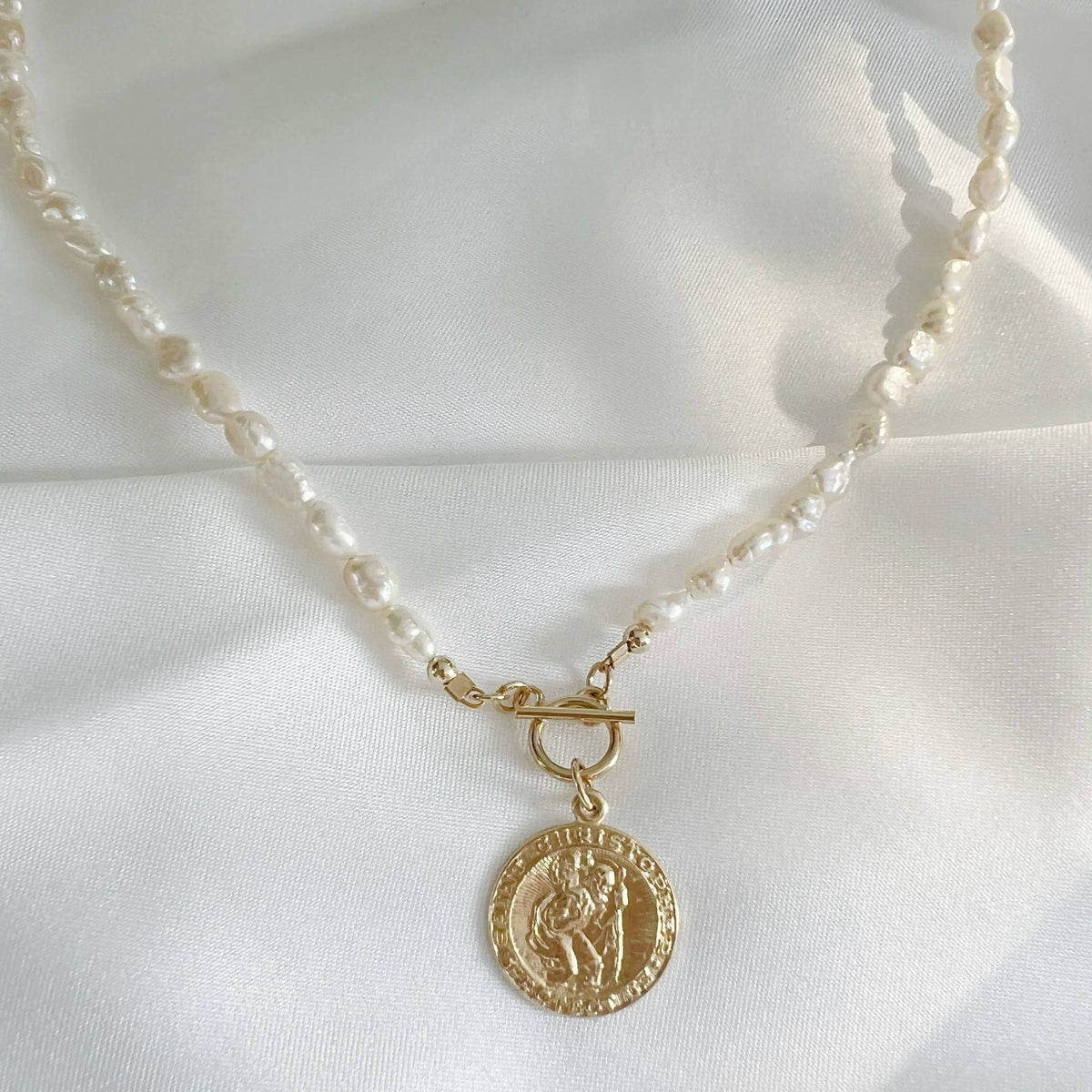 St. Christopher Toggle Pearl Gold Filled Necklace
