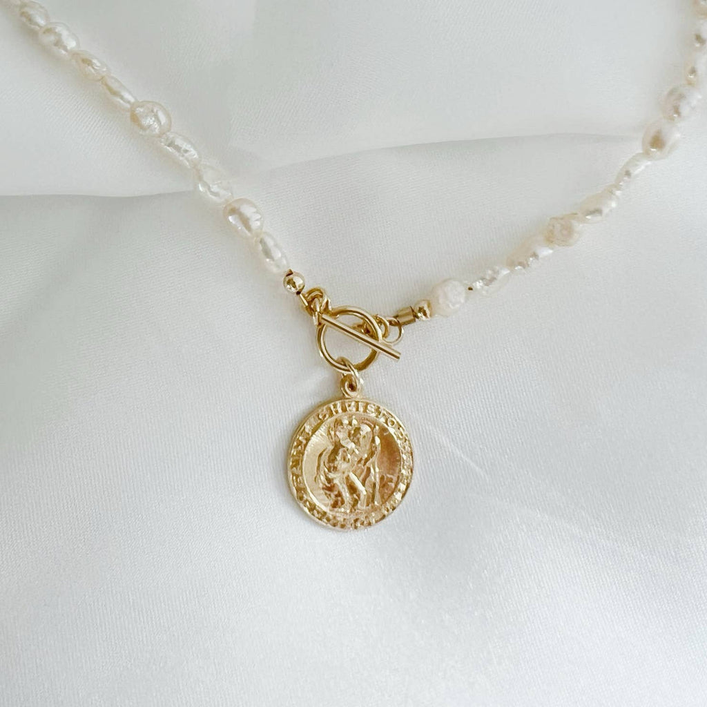St. Christopher Toggle Pearl Gold Filled Necklace