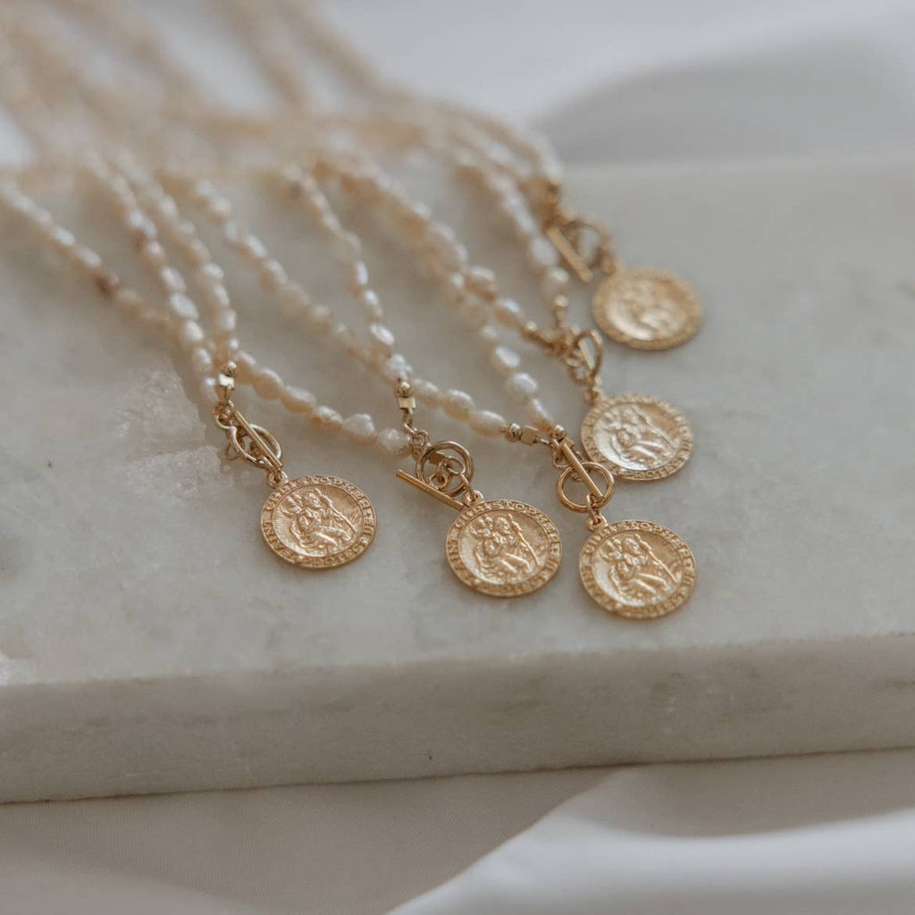 St. Christopher Toggle Pearl Gold Filled Necklace
