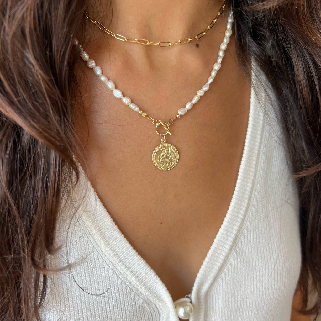 St. Christopher Toggle Pearl Gold Filled Necklace