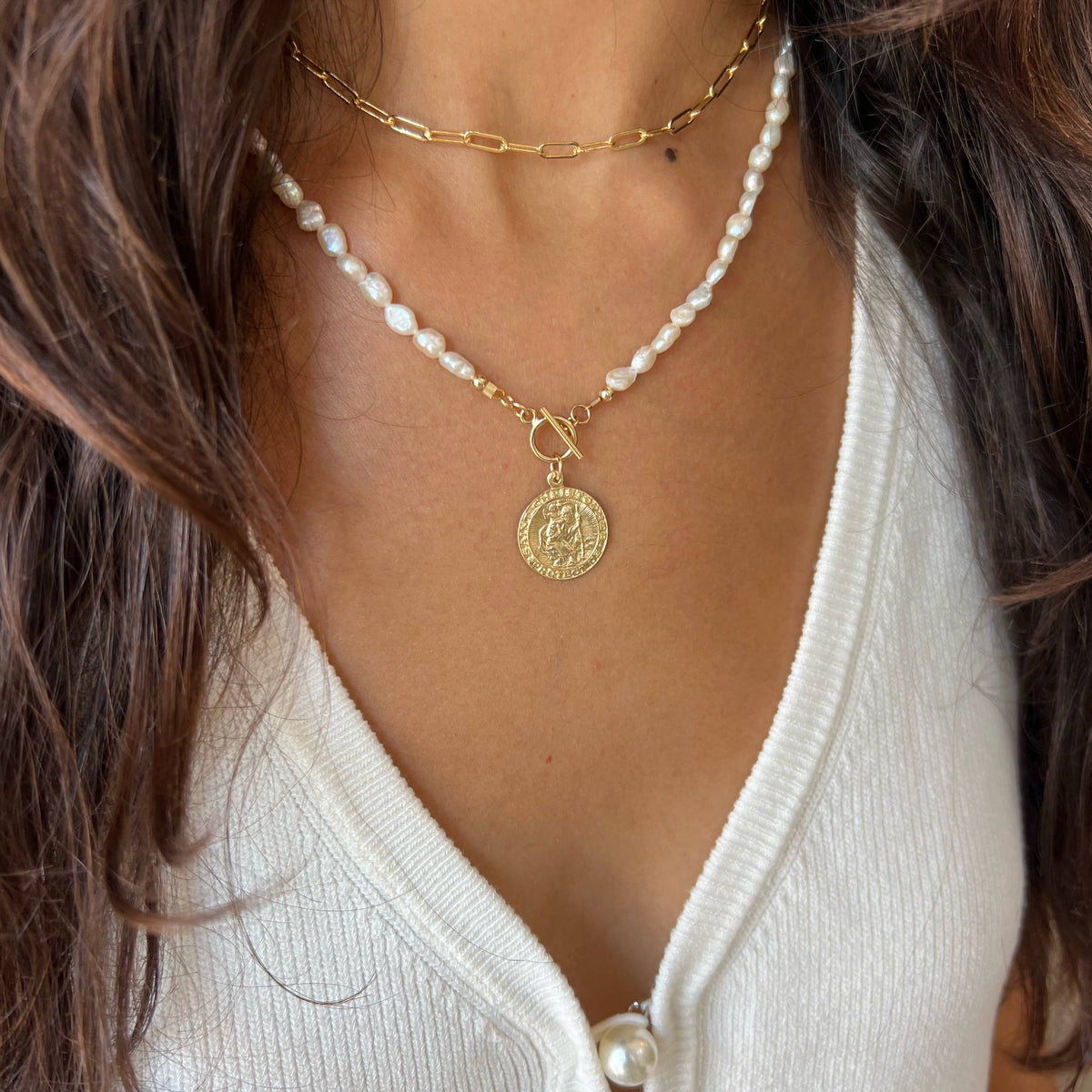 St. Christopher Toggle Pearl Gold Filled Necklace
