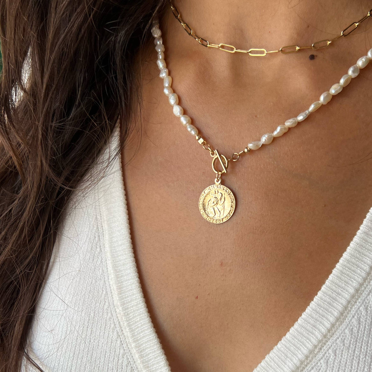 St. Christopher Toggle Pearl Gold Filled Necklace