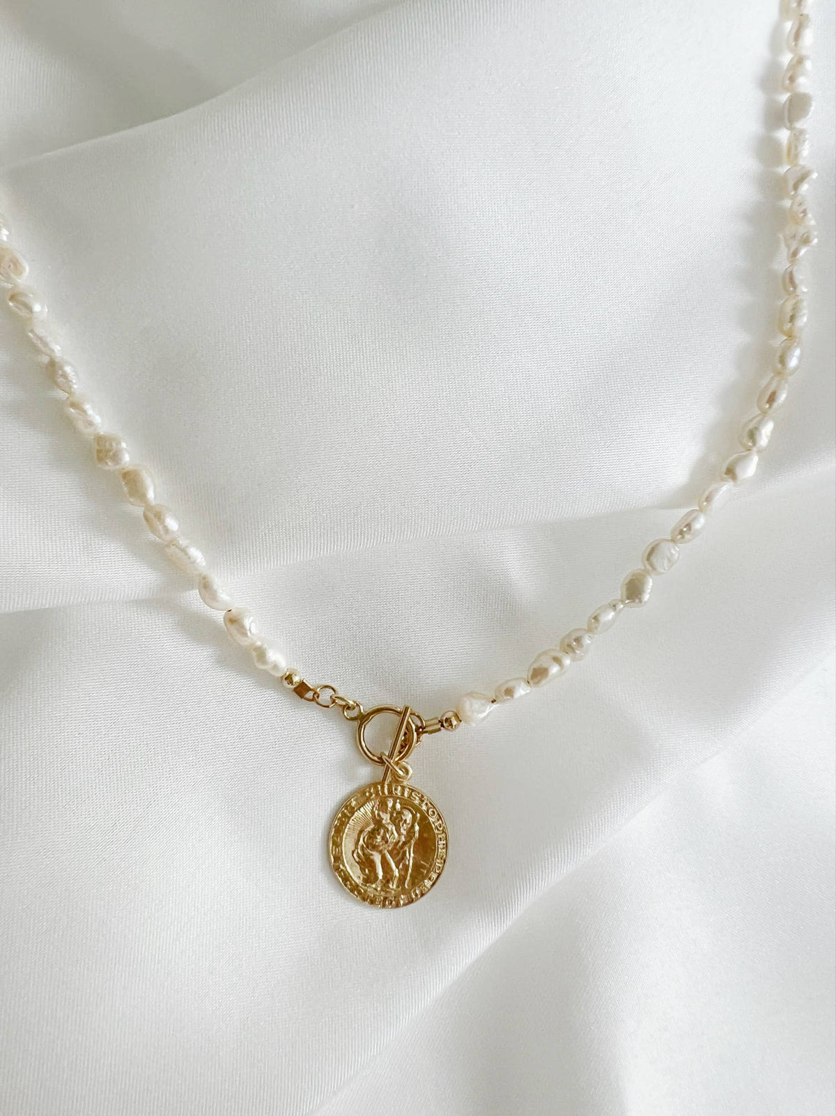 St. Christopher Toggle Pearl Gold Filled Necklace