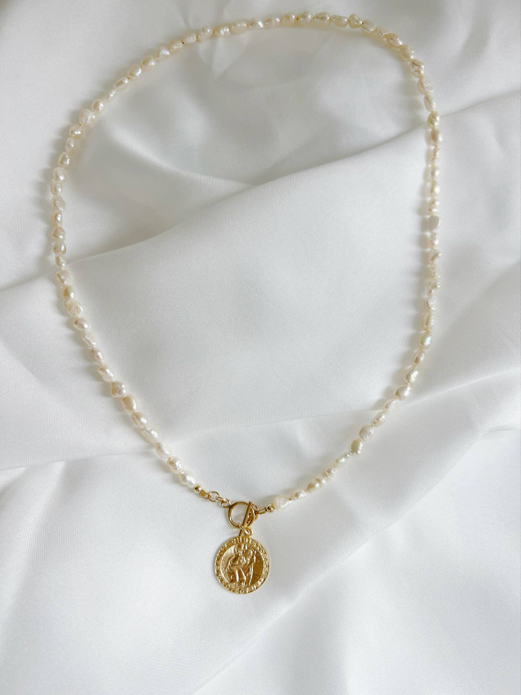 St. Christopher Toggle Pearl Gold Filled Necklace