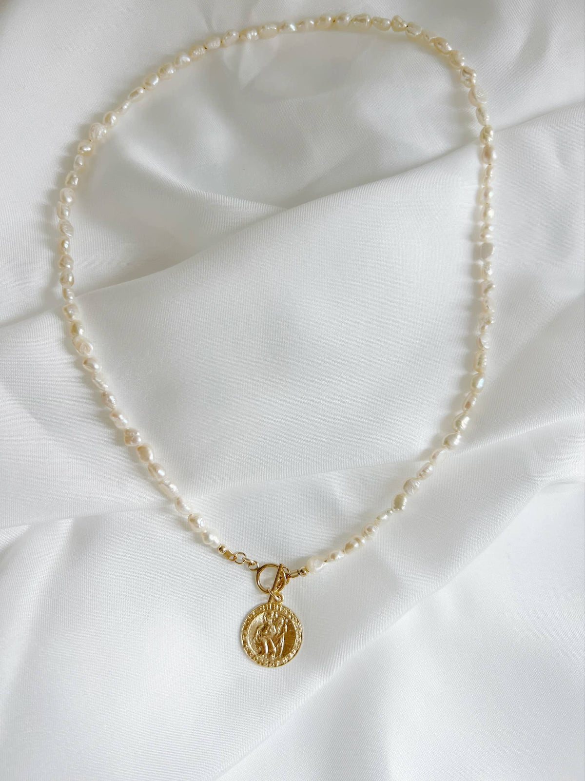 St. Christopher Toggle Pearl Gold Filled Necklace